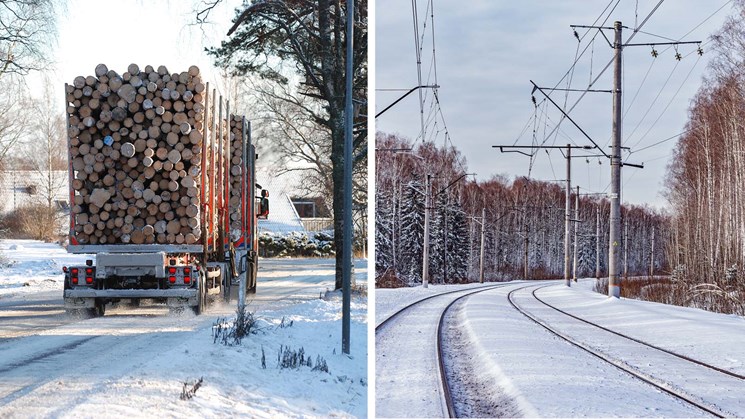 lastad timmerbil och järnväg i vinterskog