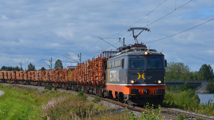 tåg med lastat timmer på järnväg