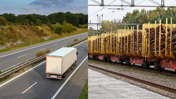 lastbil på väg och godstransport på järnväg