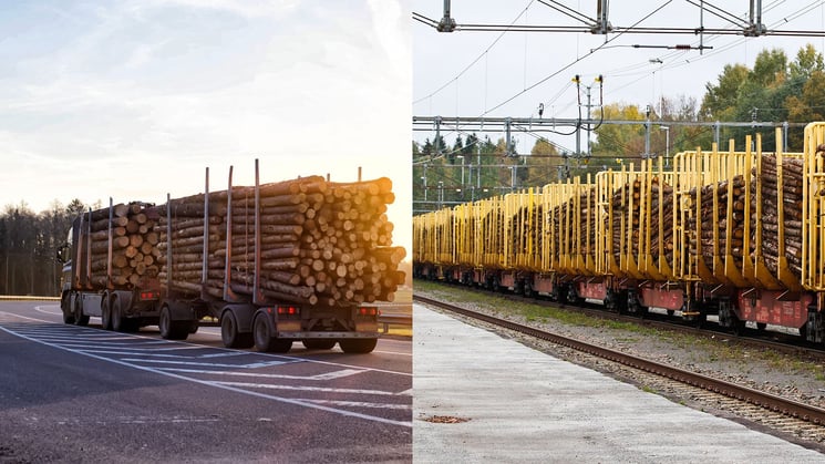 Timmerlastbil och timmertåg