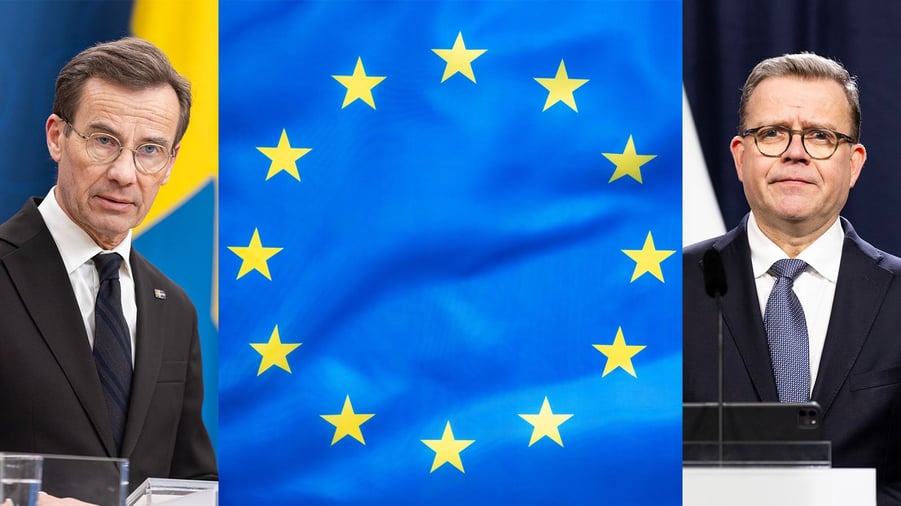 ulf kristersson, eu-flagga och petteri orpo