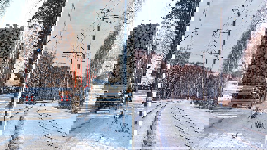 lastad timmerbil och järnväg i vinterskog