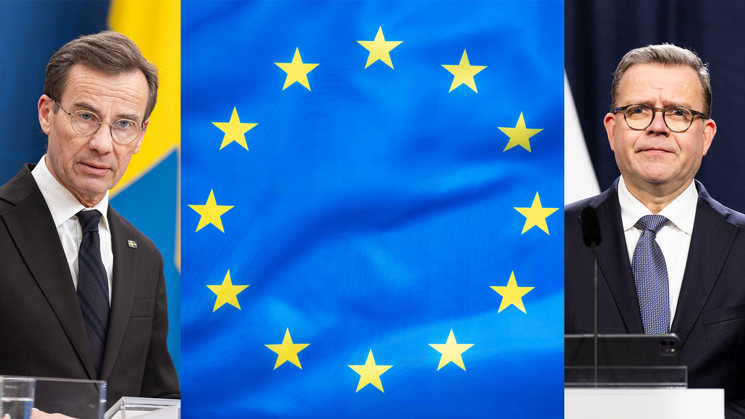 ulf kristersson, eu-flagga och petteri orpo