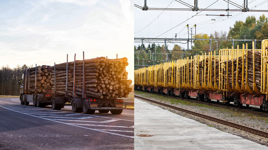 Timmerlastbil och timmertåg