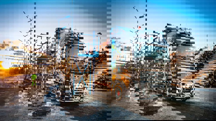 lastbil lastas med timmer