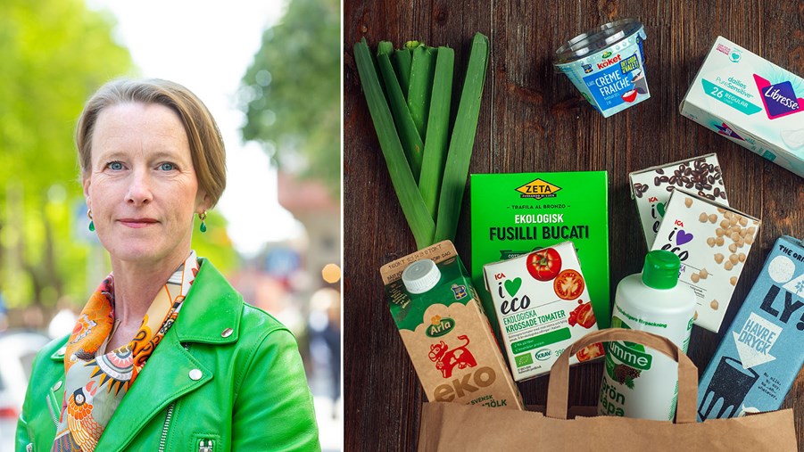 vivieka beckeman och en papperskasse med mat