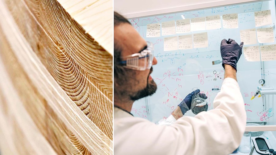 inzoomad bild på limträ och en man som arbetar i ett laboratorium