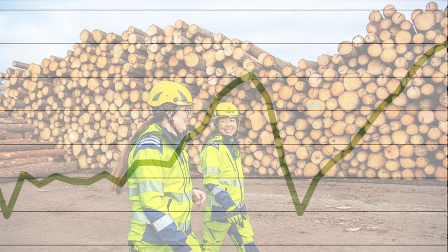 linjediagram som ligger på arbetare som går runt på ett sågverksområde