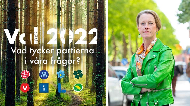 viveka beckeman och kollagebild med de svenska riksdagspartiernas logotyper